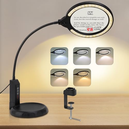 Magnifying Lamp with Clamp & Stand, 15X/8X, 5-Color & 10 Lightness Level - color: Dark Black