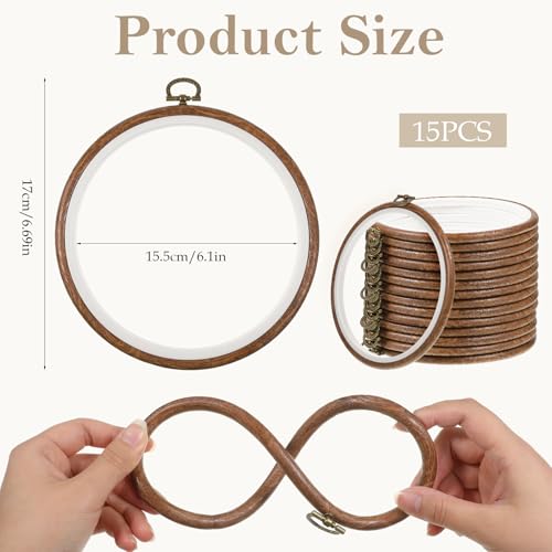 15Pcs 6 Inch Round Embroidery Hoops Frame, Circle Display Cross Stitch Hoop Frame Imitated Wood Embroidery Frames for Art Craft Handy Sewing Decoration