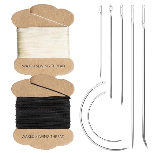 Upholstery Repair Kit: Extra Strong Waxed Sewing Thread 2 Rolls (Black and White) &Heavy Duty Household Hand Needles (7 PCS) for Leather, Canvas, Bookbinding & Quilting Thread - color: Black,White