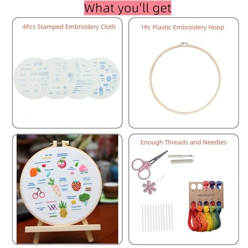 Mozzyyee 4 Sets Embroidery Starter Kit for Beginners Adults Include 4 Embroidery Clothes with Instructions Hoops Floss Thread Fabric Needles (Rainbow) - color: Rainbow