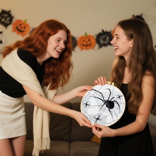 Dark Gothic Embroidery Kits for Beginners Adults, Halloween Hand Embroidery Needlepoint Kits, Skull Spider Stamped Cross Stitch Kits for Beginners Adults, 2 Embroidery Hoops (Attached Video Tutorial) - color: Black and white
