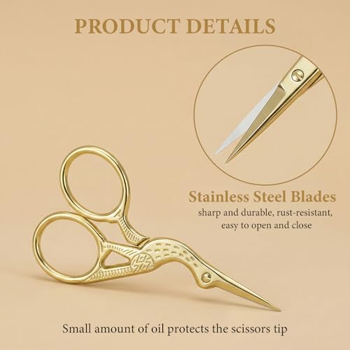 3 PCS Small Sharp Embroidery Scissors, Gold Stork Needlepoint Thread Snips with Cover, Yarn Scissors for Crocheting & Sewing