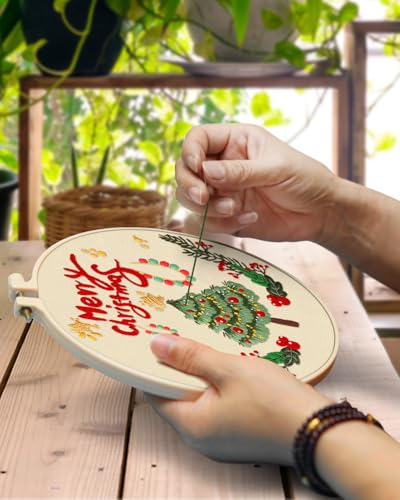 TINDTOP Christmas Embroidery Kit for Adult, 5 Pack Embroidery DIY Starter Kit, with Stamped Patterns, Hoop, Tools, Colorful Threads with Needles, Instructions - color: Christmas 5 Pack