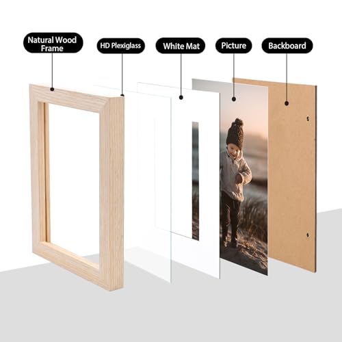 KINLINK 4x6 Frame Natural, Solid Wood 4 x 6 Picture Frame with Acrylic Plexiglass for 3.5x5 with Mat, Tabletop and Wall Display Photo Frames 4x6 Natural, 1 Pack - color: Natural, size: 4x6