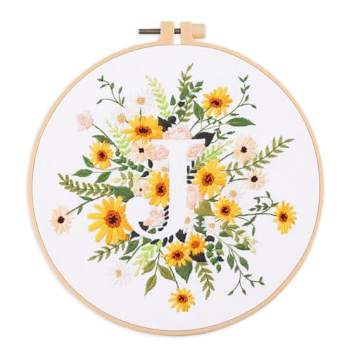 IUHUI Embroidery Kit for Beginners Adults - 26 Floral Letters Easy Patterns, DIY Hand Stitching Embroidery Set with Hoop (Flower and Grass Letter J) - color: Flower and Grass Letter J