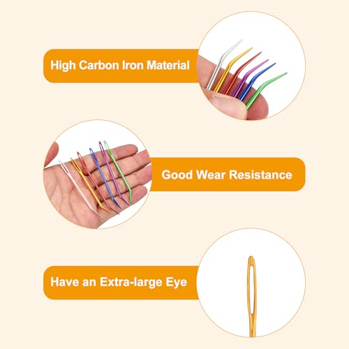 uxcell 8 Pcs Yarn Needle Kit, 3.15 Inch Tapestry Needles Bent High Carbon Iron Large Eye Sewing Darning Needles Hand Sewing Needles with Storage for Hand Sewing Art Crafts, Gold - color: Gold