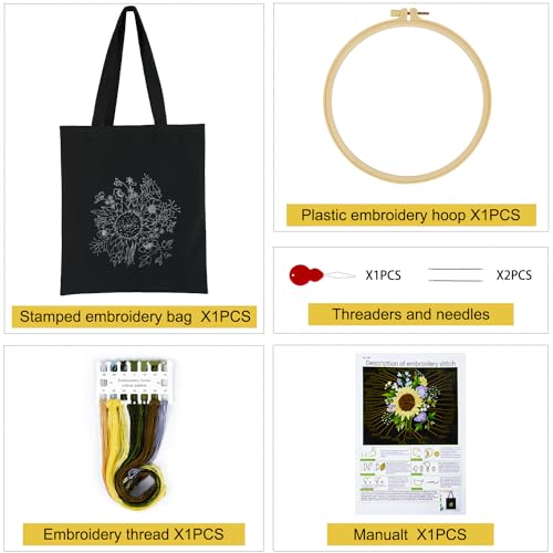 Canvas Tote Bag Embroidery Kit with Sunflower Pattern, Embroidery Kits for Beginners Adults, Arts and DIY Crafts Embroidery Starter kit, Include Stamped Embroidery Bag, Color Threads, Embroidery Tools - color: Black with Sunflower