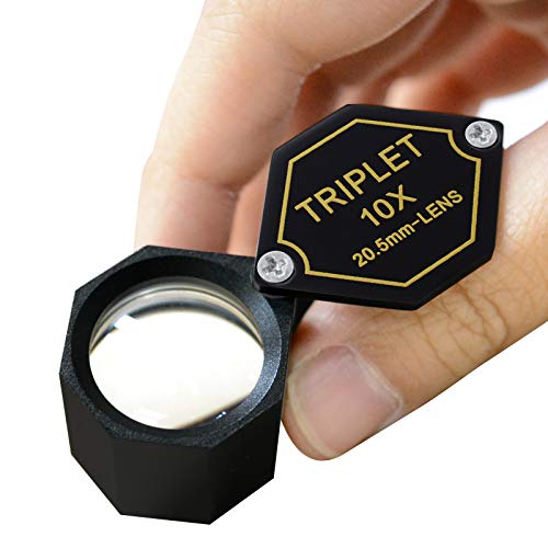 10x Magnifier Jewelry Loupe 20.5mm Triplet Lens Optical Glass Pocket Gem Magnifying Tool for Jeweler, Stamp Philatelist, Coin Numismatic, Achromatic Black Hexagonal Design Kit Set