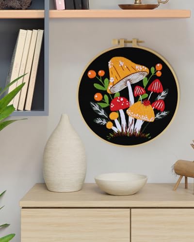 ERKOON Embroidery Kit for Beginners, Flower Cross Stitch Set for Include Embroidery Cloth Hoops Threads for Craft Lover Hand Stitch with Embroidery Skill Techniques (Mushroom) - color: Mushroom