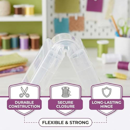 Essentials By Leisure Arts Embroidery Floss Organizer Box with 50 Bobbins, 17 Compartment Clear Storage Case with Living Hinge, Tangle Free Floss Storage, 10.63 x 7.19 x 1.75 Inch