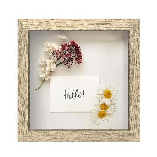 FrameWorks 8x8 Driftwood Wooden Shadow Box Frame – Soft Felt Back, Tempered Glass, and Included Elegant White Ball Push Pins - color: Natural, size: 8"x8"
