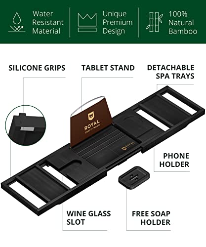 ROYAL CRAFT WOOD Premium Foldable Bathtub Tray Caddy - Wood Bath Tray for Tub, Bamboo Shelf, Expandable Bath Table Trays, Bathtub & Bathroom Accessories for New Home & Mothers, Birthday Gifts for Mom - color: Black