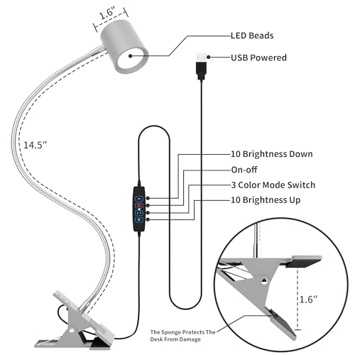 Dott Arts Desk Lamp,USB Clip On Light with 3 Color Modes,LED Reading Lamp - color: Gray