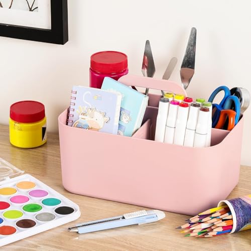 Multiuse Caddy Organizer with Handle, Portable Divided Plastic Tote Bin - Art Craft, Stationary Pen Marker Crayons, Makeup Hair Supplies Storage - Bathroom, Classroom, Dorm, Office, Desk Holder - Pink - color: Pink