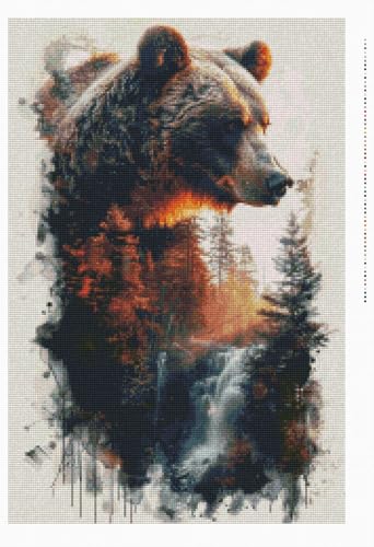 Moohue Stamped Cross Stitch Kits for Adults 14 Count Printed Cross Stitch Kits for Beginners Animal Bear Forest Waterfall Cross Stitch Patterns Needlepoint kit (Animal Bear Forest Waterfall) - color: Animal Bear Forest Waterfall
