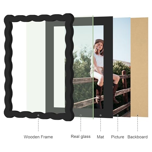 6x8 Picture Frame with Mat for 5x7, Wavy Edge Wooden Real Glass Photo Frame for Tabletop and Wall Hanging, Black, 1 Pack - color: Black, size: 6x8 in