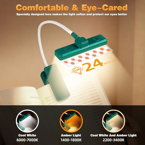 VAVOFO 24 LEDs Rotatable Book Light, Rechargeable Clip Reading Lamp, Green - color: Green