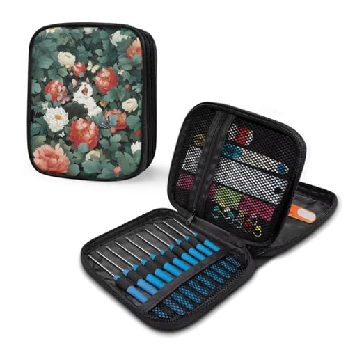 Kathyboom Cat Flower Large Capacity Crochet Hook Case, Organizer Zipper Bag with Web Pockets for Various Crochet Needles and Knitting Accessories,Easy to Carry - color: Cat Flower