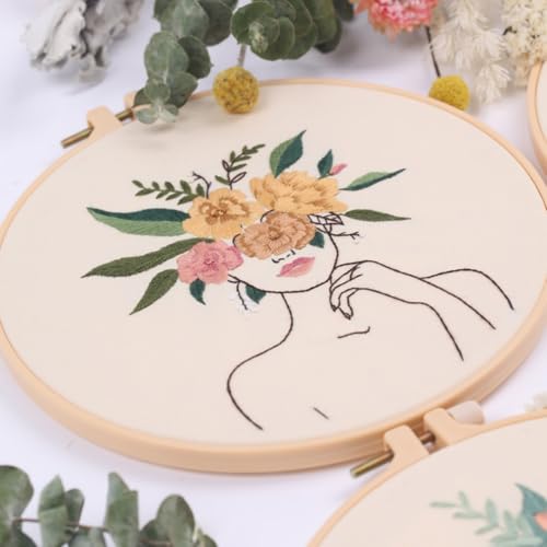 IUHUI Embroidery Kit for Beginners Adults - Fashionable Women Wearing Flowers Easy Patterns, DIY Hand Stitching Embroidery Set with Hoop (Elegant Woman) - color: Elegant Woman