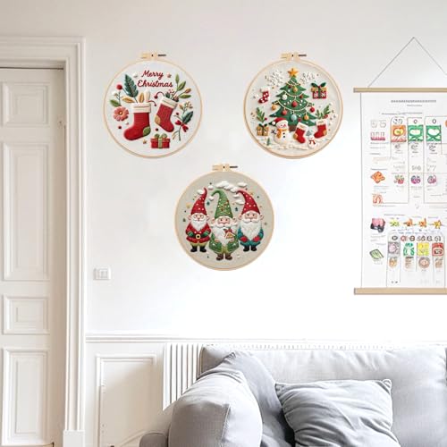 Offizon Christmas Embroidery Kit for Beginners, 3 PCS Starter Cross Stitches, Winter Santa Handicrafts, Merry Chistmas - color: Christmas Beige
