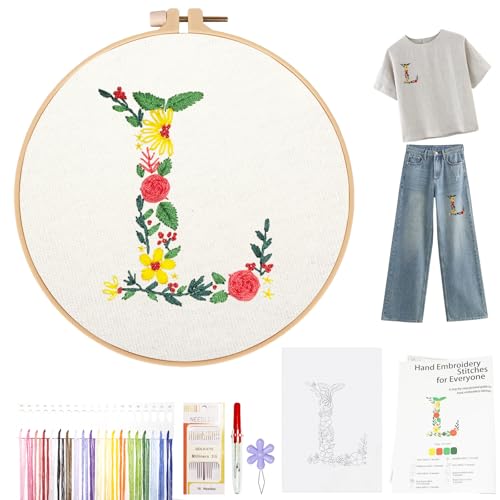 Topapfo Letter L Stick and Stitch Embroidery Kit for Clothing, Beginners Alphabet Embroidery Patterns Water Soluble for Clothes Jeans T-Shirts Tote Bags - color: L