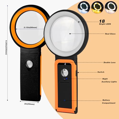 KIBTOY Magnifying Glass with Light and Stand, Foldable Handheld Magnifying Lenses 18 LED Illuminated Lighted Magnifier for Seniors Reading, Close Work, Coins, Jewelry Black - color: Black