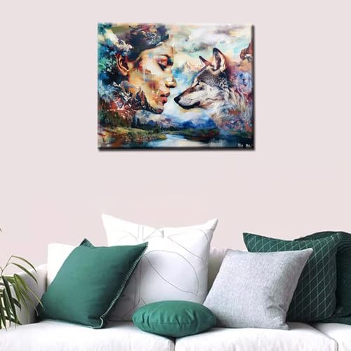 Aihonmin Paint by Numbers for Adults Beauty and The Beast Girl Grey Wolf Paintings DIY Kit for Adult Kids Beginner on Canvas Paint Acrylic Home Bedroom Wall Decor Handmade Holiday Gifts（Manual Frame - color: Art-02, size: 16''Wx20''H(DIY Frame)