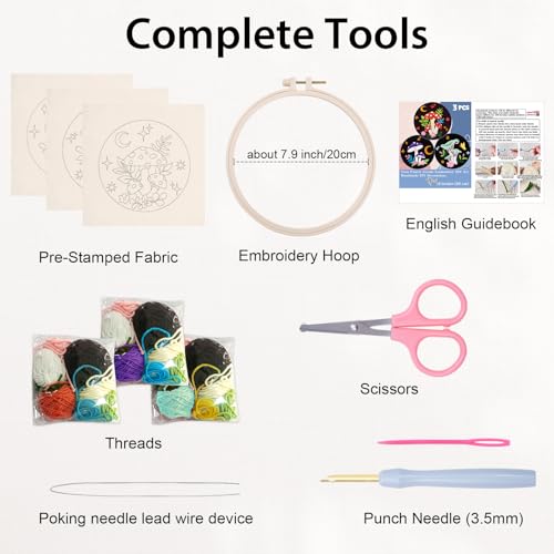 Nuberlic 3 Pack Punch Needle Kits for Beginners Mushroom Embroidery Pattern with Hoop Embroidery Punch Needle Starter Craft Set, Perfect Handmade Gift for Adults & Teens (Beginner-Friendly Crafts)