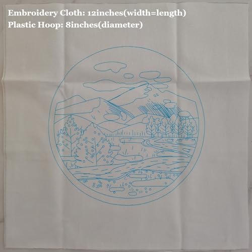Esffaci Embroidery Starter Kit for Adult Beginner with Mountain Landscape Tree Flower Scenery Pattern Hand Embroidery Set with Embroidery Cloth Floss Hoop Needle Threader and Instruction - color: Scenery