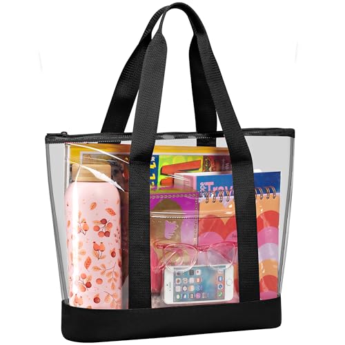 Handy Laundry Clear Tote Bag - Zipper Closure, Long Shoulder Strap, Fabric Trimming. - color: Black