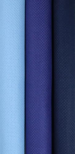 KCS 3 pc of 15" x 18"(38cmx45cm) 16 Count Cross Stitch Cotton Aida Cloth Needlework Rolled Fabric Box,16CT,Light Blue+Royal Blue+Navy Blue - color: Light Blue+royal Blue+navy Blue, size: 16CT