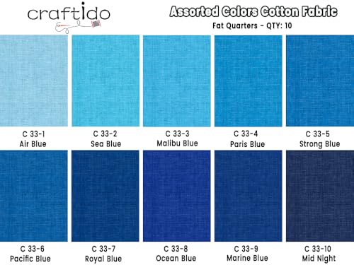 Craftido - 11 Options Solids with Tweed Tonals - Assorted Color Cotton Quilting Fabric Bundles 10pcs Fat Quarters 18"x21" - Medium Weight 5.2oz - for Quilting, Sewing and Crafts – Different Blues - color: Different Blues