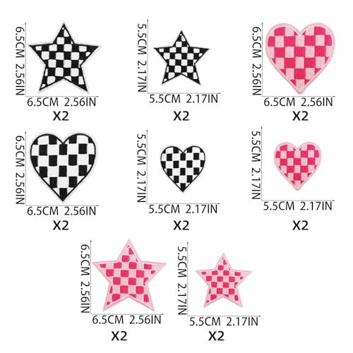 16pcs Heart Star Iron/Sew on Patches, Pink Black Embroidered Applique, Checked Cute Decration for Clothes, Hat, Packbag, Jeans, Shoe, Shirt, Dress - color: 16pcs Heart Star