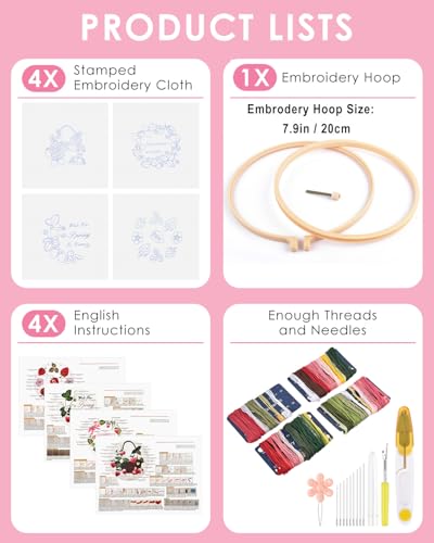TINDTOP Embroidery Kit for Adult, 4 Pack Cross Stitch Practice Kits - color: Strawberry
