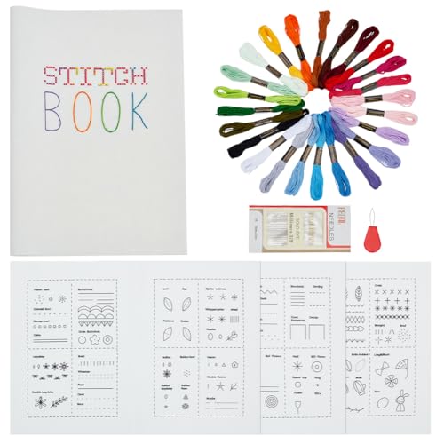 PLIGREAT DIY Stitch Book Embroidery for Beginner Adults, Embroidery Stitch Guide Sewing Practice Samplers Set with 24 Colors Embroideries Floss, 2 Threaders, 1 Set of 16 Needles, 4 Pages