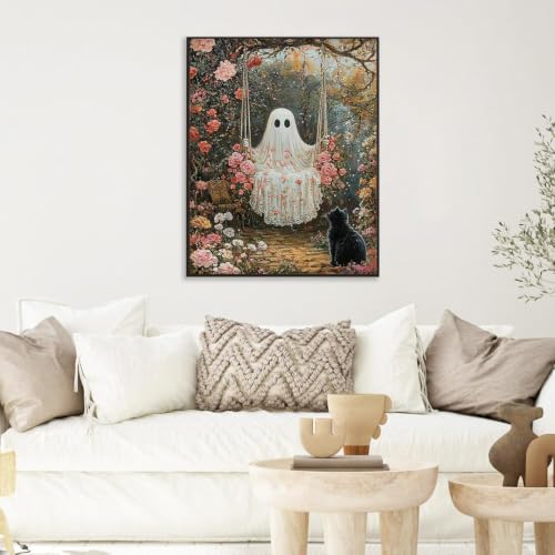 Fotasmua Halloween Stamped Cross Stitch Kits - Ghosts and Black Cats Embroidery Starter Kit for Adult Beginners, 11CT Needlepoint Cross-Stitch Patterns Kit Arts and Crafts for Home Decor 12x16 Inch - color: SZXY007-US