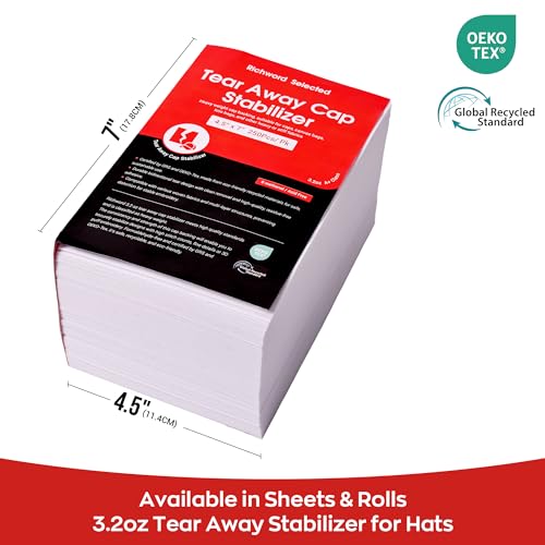 Poolin Tear Away Stabilizer for Caps & Hats 4.5" x 7" Precut 250 Sheets - size: 4.5"x 7" 250pcs
