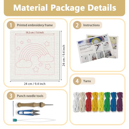 Doodlream Rainbow Star DIY Punch Needle Embroidery Kit for Adult Beginner, 9.4" Rainbow Punch Stitching Craft Set for Starter with Frame, Fabric Pattern, Threader, Yarn, Pinch Needle - color: Rainbow