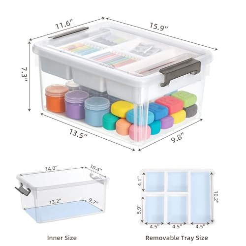 17 Qt Craft Organizers and Storage with Removable Tray and Divider, Clear Craft Storage Box, Stackable Art Supply Organizer for Painting, Coloring Book & Playdoh Storage, 1 Pack - size: 17 Qt - Tray