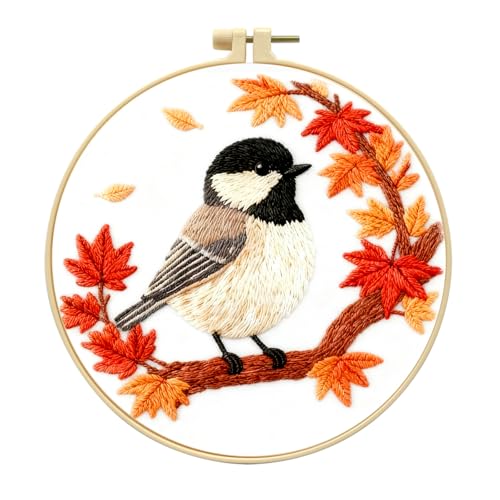 Zhenqing Black-Capped Chickadee Embroidery Kit for Beginners, Autumn Bird Needlework Craft with Pre-Printed Cotton Fabric, Hoop, Threads & Tools, Fall Decor (C0212) - color: Black-Capped Chickadee