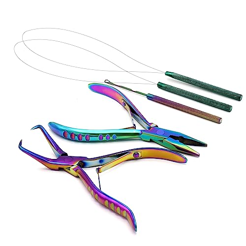 Professional Hair Extension & Beading Tool Kit Remove Plier Set for beads (4 Piece) I-Link Micro Ring Loop Needle Pulling Hook Threader Wire for Silicone Rings (Multi) - color: Multi
