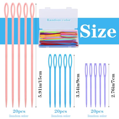 Lunarm Plastic Needles 60PCS Plastic Large Eye Sewing Needles for Yarn - size: 2.76 inches, 3.54 inches, and 5.91 inches