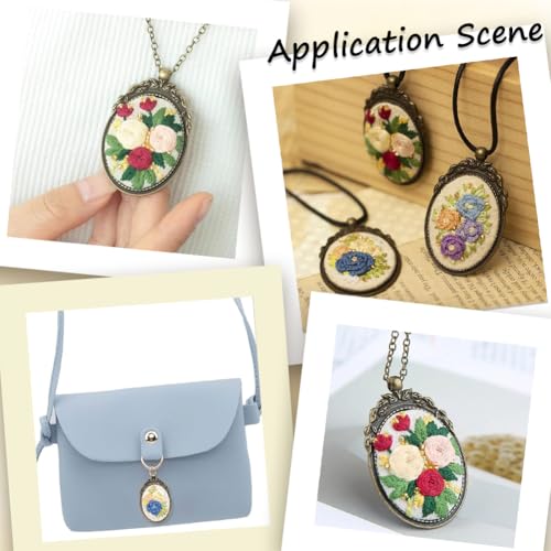 SUNNYCLUE DIY 3 Sets Embroidery Necklace Kits Embroidery Necklace Pendant Trays with Paper Instructions Flower Mini Cross Stitch Kit for Jewelry Making Supplies Adult Beginners Starter Handmade Gifts - style: Flower 2