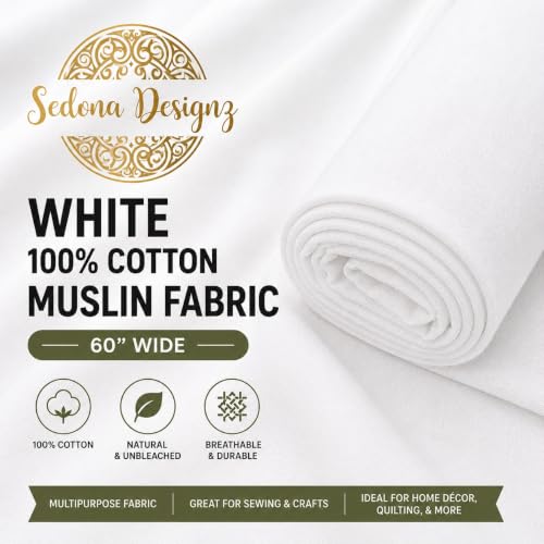 Sedona Designz Bleached White 100% Cotton Muslin Fabric – 60 Inch Wide Draping Textile by The Yard (20 Yards) - size: 20 Yards