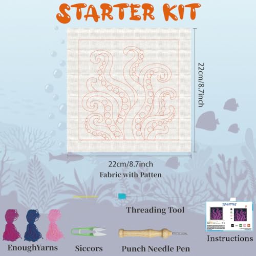 BEUNITONE Punch Needle Kit for Adults Beginners with Tentacle Pattern, Complete DIY Craft Needlepoint Kits with Hoop, Punch Needle Starter Craft Embroidery Set for Festival Gift & Home Decor 9.4x9.4" - color: 09-Octopus Tendons