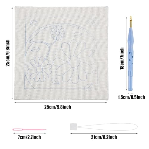 Allazone Punch Needle Embroidery Kit - Square Frame with Flower Pattern, Hoop, Yarns, Beige and Yellow - color: Beige and Yellow