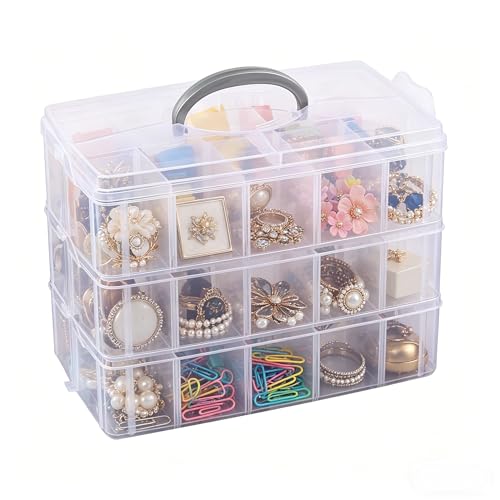 3-Tier Clear Plastic Craft Organizer Box with 30 Compartments