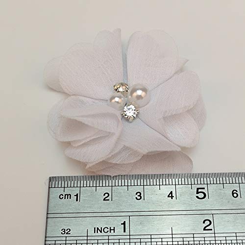 Chenkou Craft Pack of 12pcs Chiffon Flowers Ribbon Bows W/Beads 2-3/8" (60mm) Appliques Wedding Decor Bulk Lots (White) - color: White