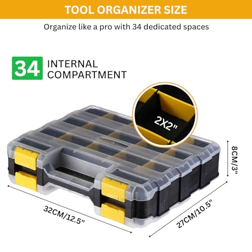 Andalus Tools Organizer Box, Small Parts Storage 34-Compartment Double-Sided Portable Hardware Organizer Removable Plastic Dividers for Screws, Nuts, Bolts, Nails – Yellow (2 Pack, 12.5" x 10.5" x 3") - color: Yellow, size: 2 Pack