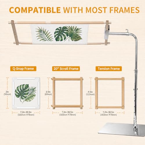 Rotating Adjustable Embroidery Floor Rack with Side Clamp, Metal Needlepoint Support Compatible with Lowery, Fits Q-Snap Frames & 20 Inch Scroll Rods